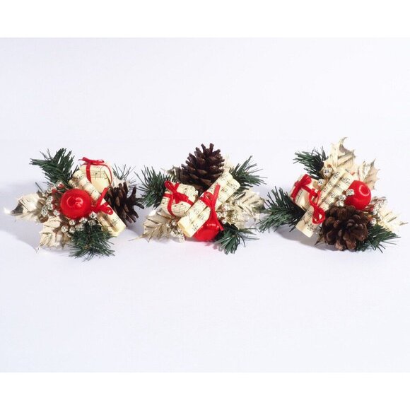 Vtg Artificial Christmas Branch Music Scroll Box Cone Gold Red Green Leaf Ball - Picture 4 of 7